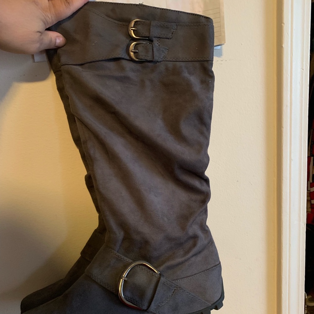 Womens  Grey Above the Knee Flat Boots
